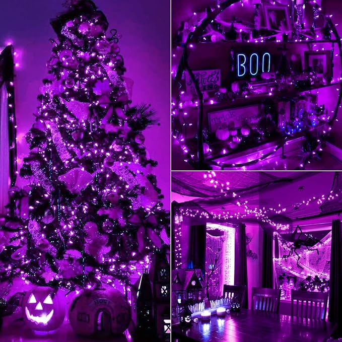 BrizLabs Purple Halloween Lights, 33ft 100 LED Halloween String Lights, 8 Modes Battery String Light with Timer, Indoor Outdoor Battery Purple Tree Light for Party Christmas Tree Bedroom Patio Decor