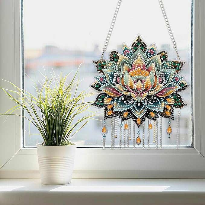 SENQAO Lotus Diamond Art Hanging Kit for Adult, Special Shaped Rhinestone, Double Sided DIY Acrylic Diamond Art Painting Window Pendants Home Garden Wall Hanging Kits Hanging Ornament