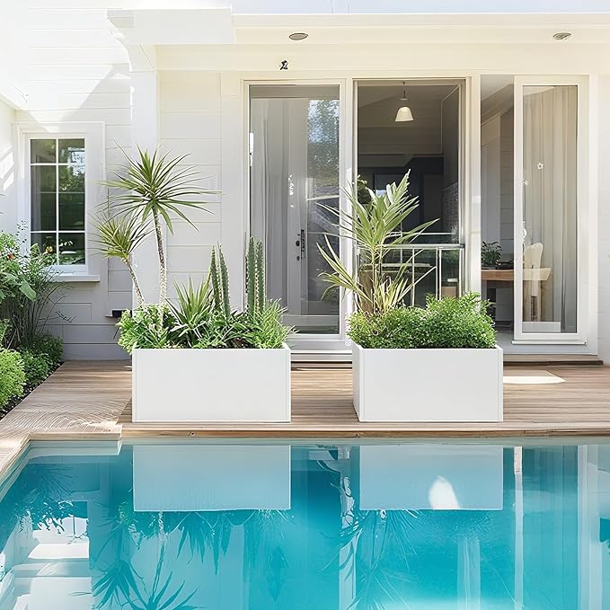 Galvanized Steel Garden Planter - White Matt Galvanized Metal Planter Box - Modern Metallic Heavy Planter - Indoor & Outdoor, Commercial & Residential (White, L36 x W12 x D16)