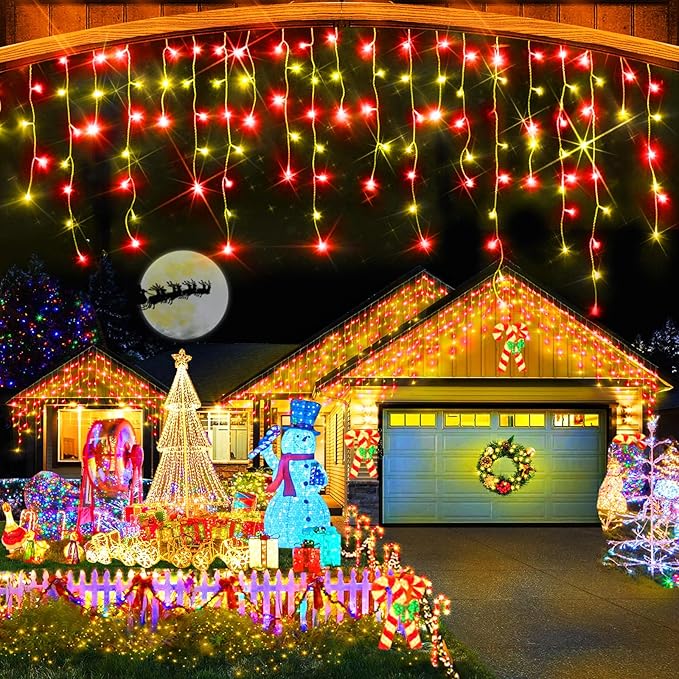 49FT Christmas Lights, 480 LED Ice Lights for Outside Clear Wire Twinkle Lights with 8 Modes Timer Waterproof for Christmas Party Tree Holiday Patio Yard Home Decor(Red and Warm White)