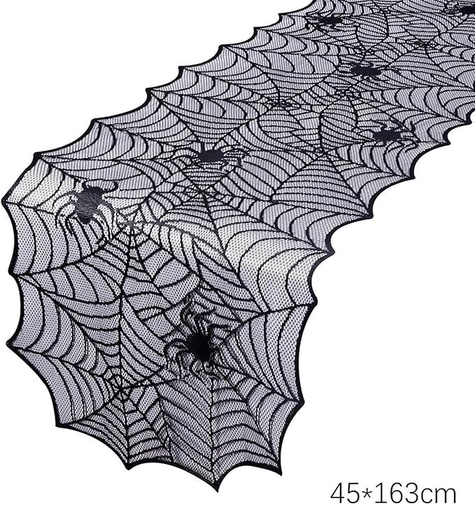 1-Pack Halloween Table Runner, Black Spider Web Lace Table Runner, Gothic Kitchen Decor, Fall-Themed Party Decorations, Spider Web Reusable Home Accent, 18 x 64 Inches