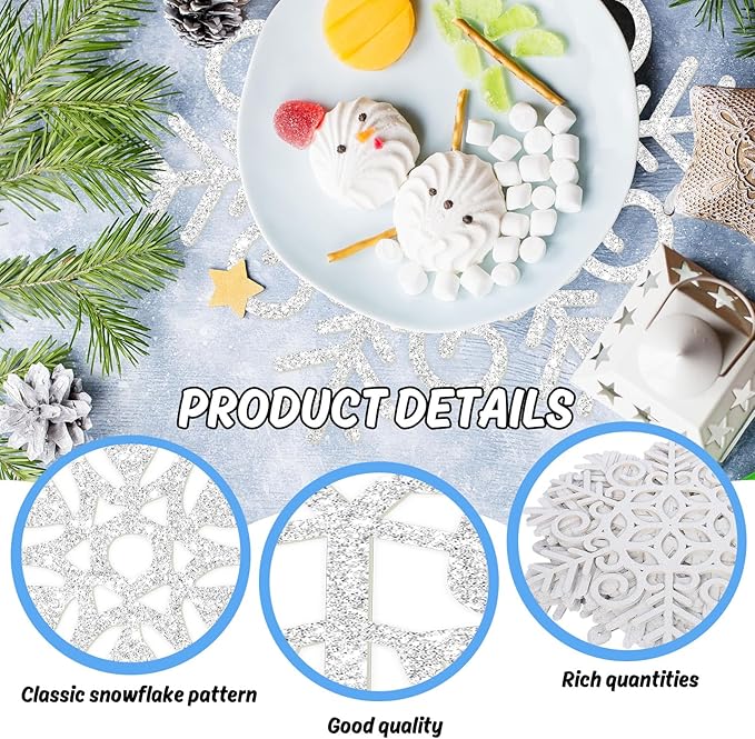 60Pcs Christmas Snowflake Paper Placemat Silver Glitter Snowflake Disposable Place Mat Winter Dining Table Mats for Xmas Birthday Party Kitchen