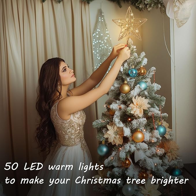 Christmas Tree Topper Star, Gold Star Tree Toppper with 50 Warm LED Lights Glittered Pearl Beads and 8 Lighting Modes Timer for Christmas Tree Decorations and Xmas Holiday Seasonal Decor