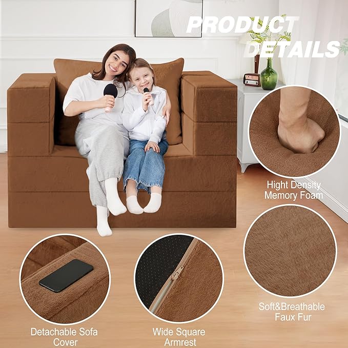 Folding Bean Bag Chair for Adults,3-in-1 Bean Bag Couch Faux Fur Floor Sofa Large Beanbag Convertible Bean Bag Sofa Bed with Pillow in Bedroom,Living Room,Apartment(Twin,Caramel)