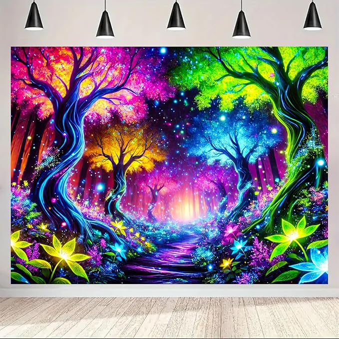 BlissYard Enchanted Neon Forest UV Black Light Tapestry 78x59 Inches Art Color Neon Light Background Bedroom Living Room Wall Party Decoration Psychedelic Pathway Fantasy Nature Magic Glow Decor