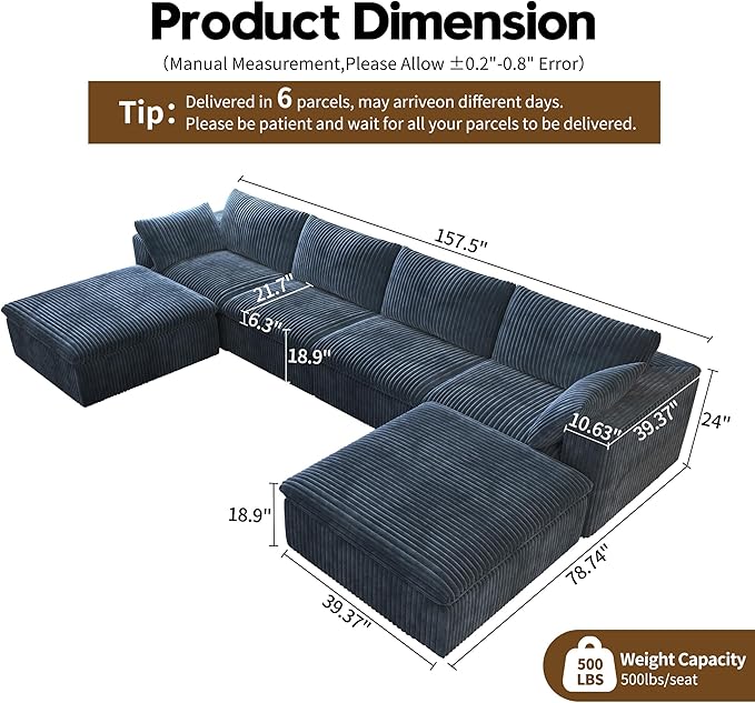 157.5" U Shaped Modern Sofa Modular Sectional Cloud Couch with 2 Ottoman,Deep Seat Upholstered Couches with Corduroy Fabric for Living Room Furniture,Bedroom and Apartment,No Assembly Required,Blue