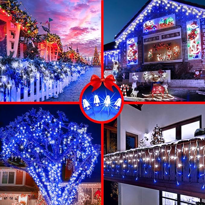 1620 LED Christma Lights with 360 Drops, 164ft Outdoor Hanging lights with 8 Modes & Timer Memory, Outsite Waterproof Curtain String Lights for Front House Fence Tree Holiday Decorations Blue & White