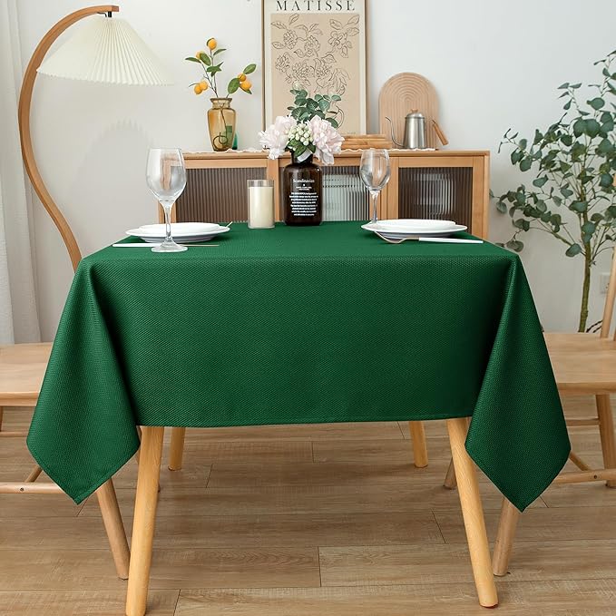 Biscaynebay Textured Fabric Christmas Square Table Cloth 60x60 Inch, Hunter Green Water Resistant Spill Proof Tablecloths for Dining, Kitchen, Wedding and Parties etc. Machine Washable