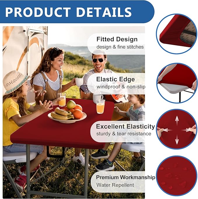 Fitted Tablecloth for 8 Foot Rectangle Tables-4 Pack Red Elastic Outdoor Picnic Table Cover-Spandex Stretch Folding Table Cloths 8ft for Camping Dining Room Patio Kitchen Banquet Party