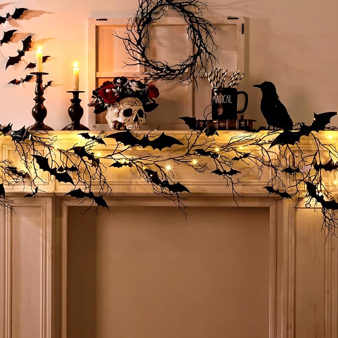 Gothic Halloween Banner: 1pc Haunted Bat Dark Dead Branch Halloween Party Banner with LED Lights, Decorative Bat Vine Twig Garland Decorations for Home Wall Mantel Doorways Front Decor