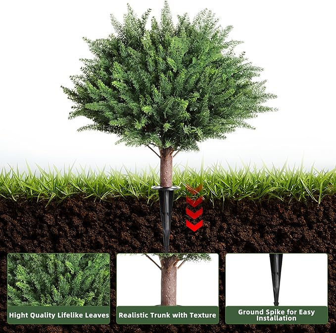 23" Artificial Cedar Topiary Ball Trees ,Set of 2 Outdoor Faux Plants with Ground Spike, UV Resistant Fake Pine Shrubs Bushes for Indoor Front Porch Yard Decorations (Cypres)