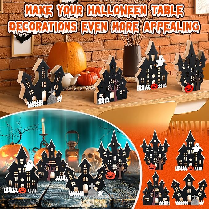 Bucherry 4 Pack Halloween Table Haunted House Decor Lighted Wooden Village Ghost House 3D Tabletop Decorations for Halloween Indoor Home Kitchen Desk Gift(Classic Style)