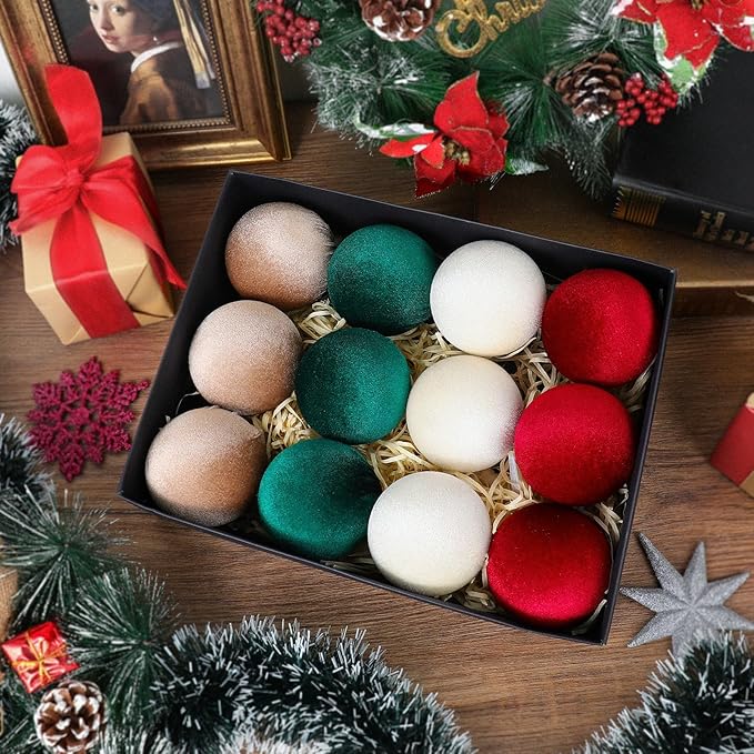 12Pcs Velvet Christmas Ornaments Balls,80mm/3.15in Multicolor Christmas Tree Decoration Shatterproof Flocked Ball with Hanging for Holiday Party Decor