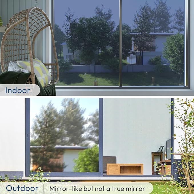 rabbitgoo Window Privacy Film One Way Window Tint for Home, Removable Reflective Heat Sun Blocking Anti UV Glass Door Covering, Mirror Tinting Film House Office, 35.4 in X 9.8 Feet, Blue Silver