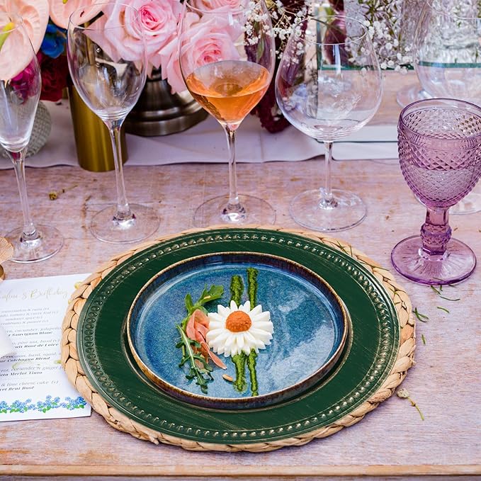 Vintage Charger Plates Set of 6, Beaded Charger & Service Plate, Plastic Charger Plate Set Bulk Wedding Easter, Event, Holiday, Elegant Table Setting Centerpieces, Hunter Green