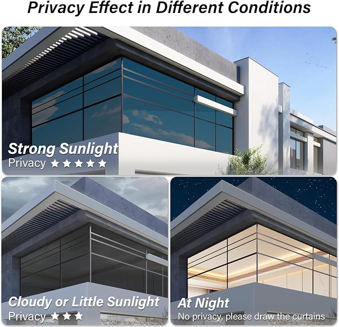 Kromapolis One Way Window Privacy Film Reflective Mirror Home Window Tint, Daytime Privacy Heat Control Anti UV Glass Tinting Static Cling (Black-Silver, 45.2 x 78.7 inch)