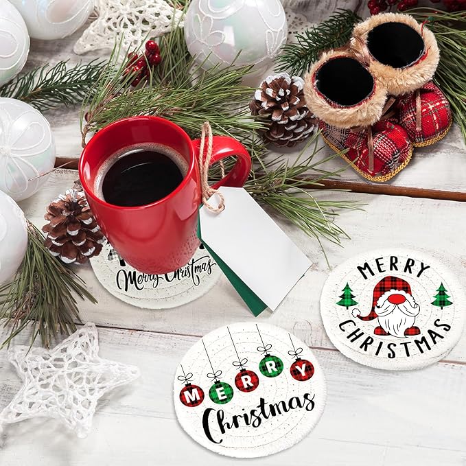 Whaline 4Pcs Merry Christmas Cup Coasters Handmade Braided Cotton Drink Coasters Xmas Buffalo Plaid Anti Slip Absorbent Tabletop Protection for Home Office Party Tableware, 4.3 × 4.3 inch