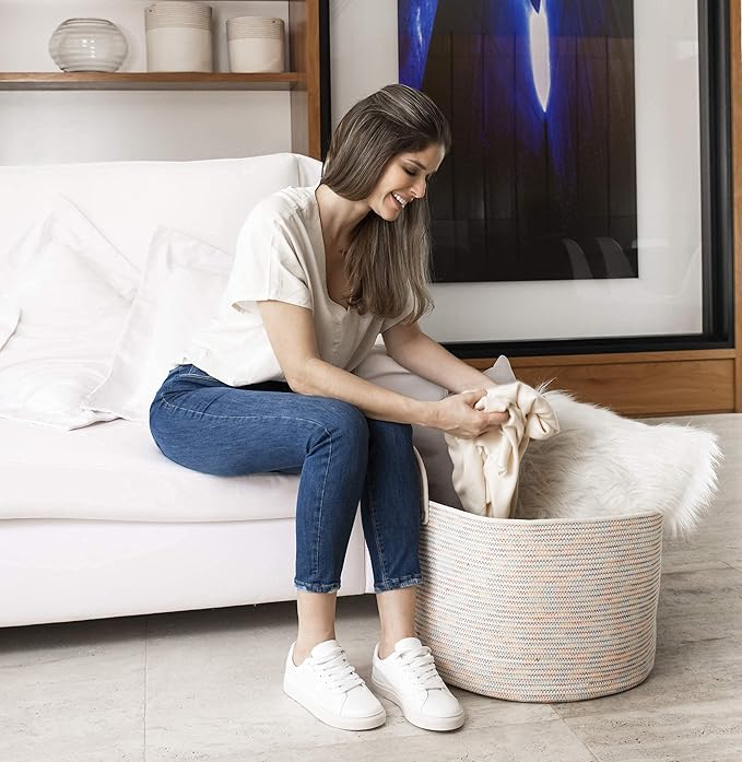 OrganiHaus Toy Storage Basket for Kids, Large Cotton Rope Organizer Bin for Nursery, Toy Box, Blanket Holder, Baby Hamper for Living Room, Soft & Washable, 20x13 inches - Rainbow