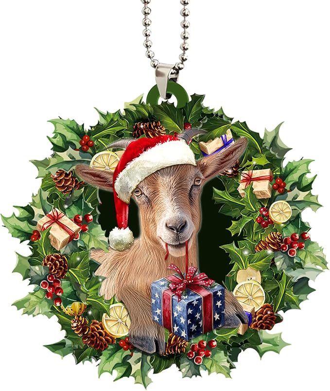 Talataca Goat Wearing A Christmas Hat Wreath Farm Lover 2D Flat Car Rear View Mirror Accessories Christmas Tree Ornament Decoration Hanging Charm Interior Rearview Pendant Decor Gift