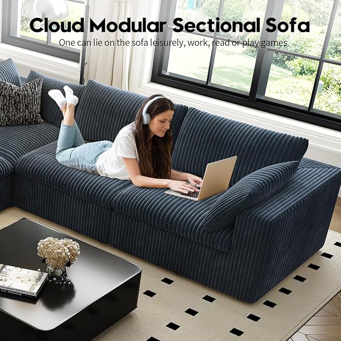157.5" Cloud Couch Modular Sectional Sofa for Living Room,Modern Sofa with Deep Seat,L-Shape Boneless Couch with Ottoman,Comfy Upholstered Corduroy Couches for Apartment, Studio, Office,Bedroom,Blue