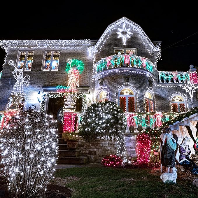 JMEXSUSS 300 LED White Christmas Lights, Outdoor Indoor, Green Wire, 8 Modes, Waterproof, Perfect for Xmas, Wedding, Party, Garden