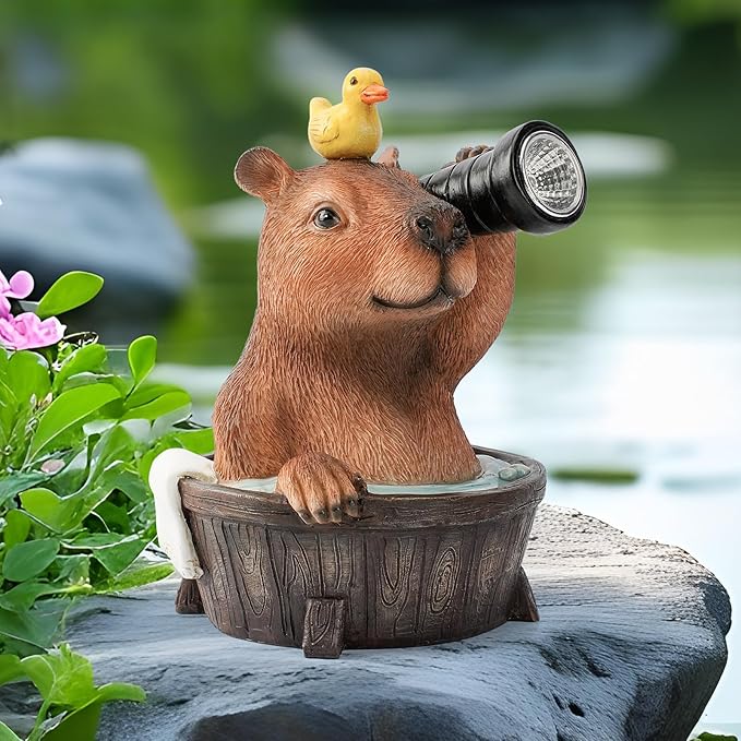 Capybara Solar Garden Statue โ Funny Outdoor Resin Animal Decor with Flashlight & Duck โ Waterproof Yard Lawn Ornament with LED Light โ Solar Powered Figurine for Patio, Porch, Landscape