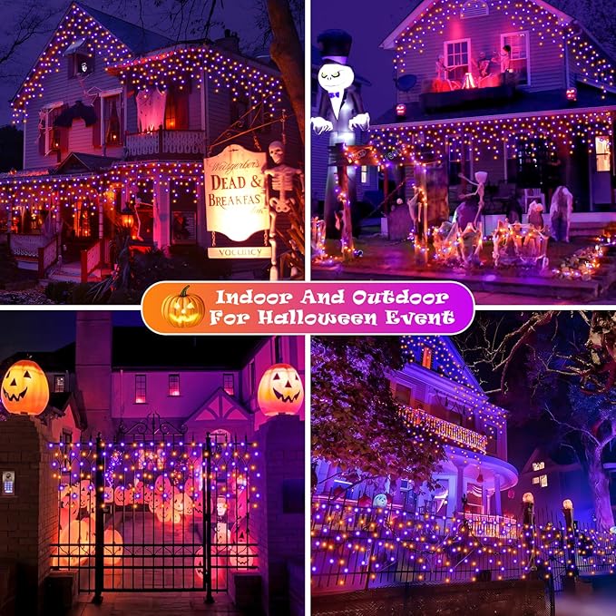 Halloween Lights Outdoor Decorations, 640 LED 66FT Orange and Purple Light, 8 Modes Plug in 120 Drops Ice String Lights with Timer Memory Function Hanging Light for Halloween Party Decor