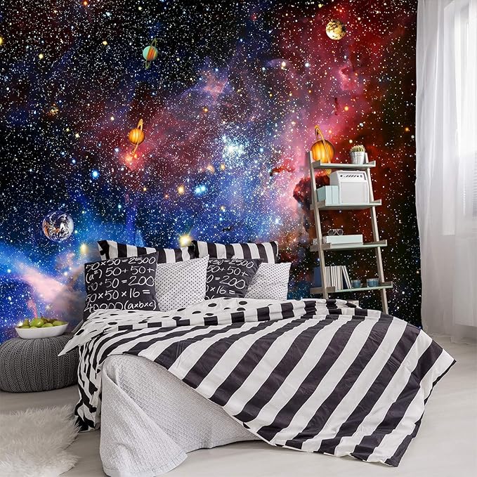 '-Galaxy Universe Planet Ceiling Fabric Wallpaper Boys Girls Nursery Starry Sky Children Bedroom Bathroom Large Mural- 137"x96"( not Peel and Stick)