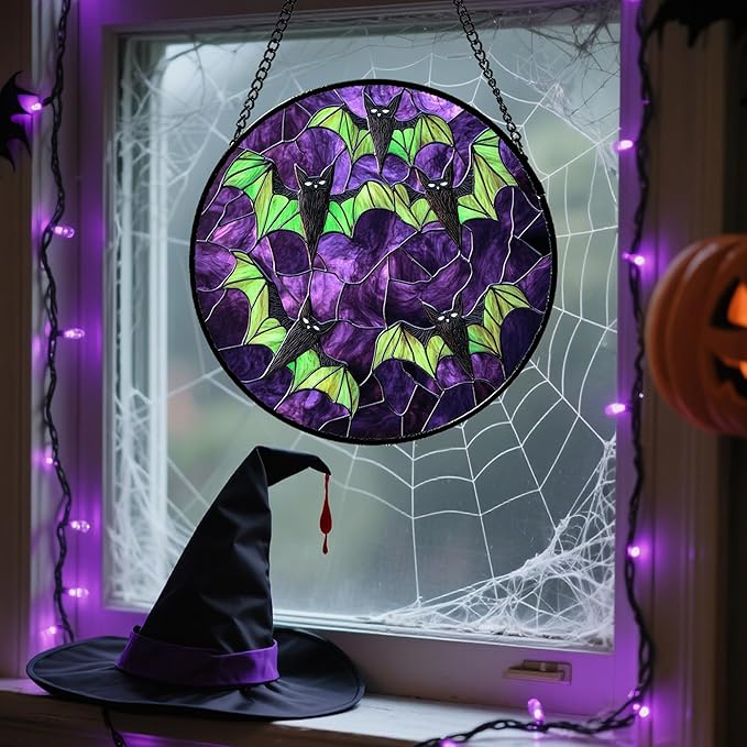 Stained Glass Window Hanging - Halloween Decorations Black Bat with Green Wings Suncatcher for Doors Garden Indoor Spooky Sun Catchers Gothic Decor Horror Gifts for Women Men Friend 6.3 in