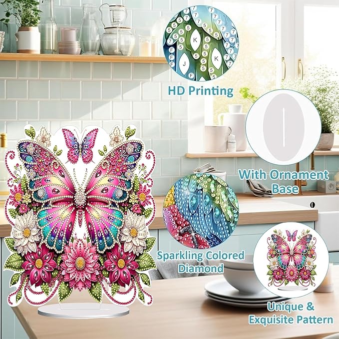 Diamond Painting Kits for Adults Beginners, 5D Full Drill Flowers and Butterfly Crystal Art Desktop Ornament, DIY Single Sided Home Office Desk Decor, Creative Craft Gift Set with Tools