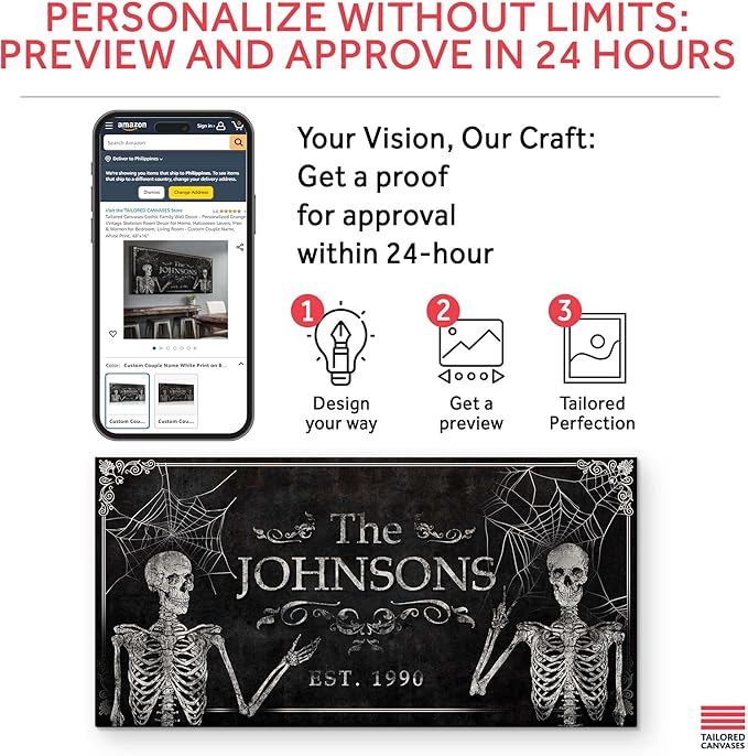 Tailored Canvases Gothic Family Wall Decor - Personalized Grunge Vintage Skeleton Room Decor for Home, Halloween Lovers, Men & Women for Bedroom, Living Room - Custom Couple Name, White Print, 60"x30"
