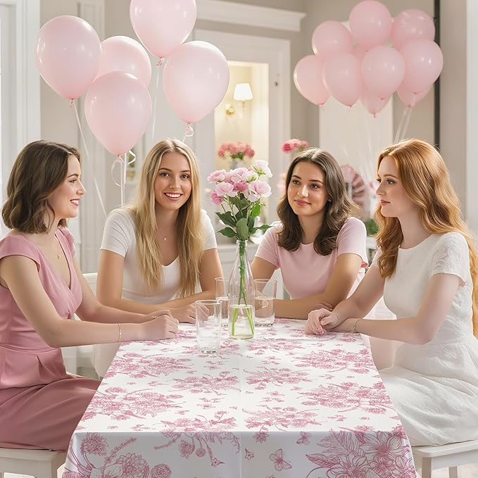 3 Pack Pink Floral Plastic Tablecloths, 54 X 108Inch Tea Party Tablecloth Disposable Vintage Table Cloths Pink and White Porcelain Tables Decor for Birthday Garden Wedding Tea Party Supplies