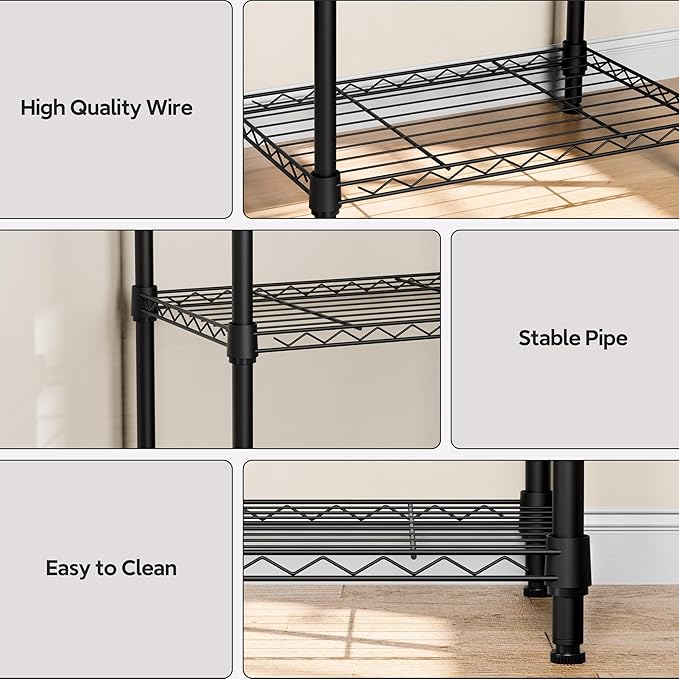 4 Tiers Shelf Metal Storage Shelves Wire Rack Closet Organizers with Wheel for Garage Kitchen Bathroom Laundry Black 11.8" D x 17.7" W x 41.9" H