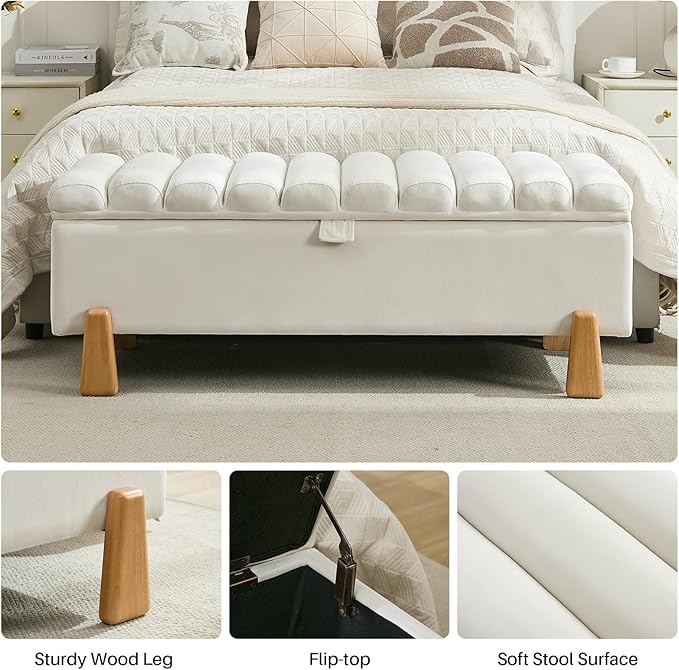 Storage Ottoman Bench for Bedroom Small Spaces 48.6 Inch with Hinged Lid Solid Wood Tapered Legs Tufted Upholstered Fabric for Living Room & Bedroom, Beige
