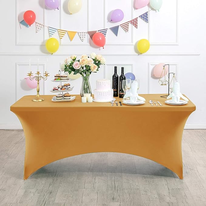 2Pack Spandex Table Cover for 4FT or 6ft or 8ft Table Universal Fitted Stretch Tablecloth for Party, Banquet, Wedding and Events-Gold