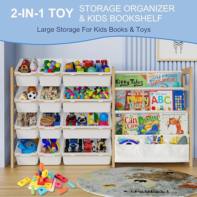 Large Toy Storage Organizer with Bookshelf, Toy Organizers and Storage with 12 Storage Bins, 4 Tier Multipurpose Toys Organizer Storage for Kids Room, Playroom, Nursery Room, White
