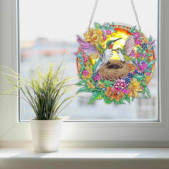 SENQAO Hummingbird Diamond Art Hanging Kit for Adult, Special Shaped Rhinestone, Double Sided DIY Acrylic Diamond Art Painting Window Pendants Home Garden Wall Hanging Kits Hanging Ornament