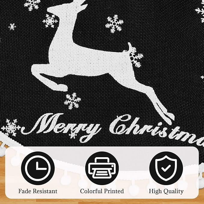 48 Inch Christmas Tree Skirt, Burlap Black Christmas Rustic Tree Skirt with Elk Deer and White Snowflake Printed for Holiday Party Xmas Tree Decoration
