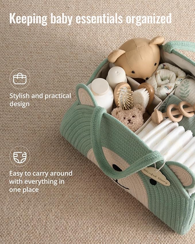 Blissful Diary Baby Diaper Caddy Organizer, Cotton Rope Diaper Caddy Basket, Large Storage Basket, Gift for Baby Shower, Newborn Essentials, Bear Roman Green