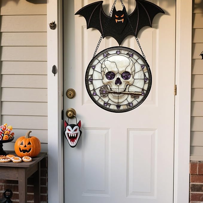 Stained Glass Window Hanging - Halloween Scary Skull Suncatcher for Doors Garden Home Spooky Purple Skeleton Key Sun Catchers Gothic Decor Horror Gifts for Women Men Friend Boy Girl 11.8 in