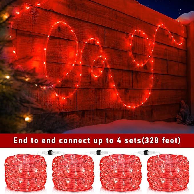 100FT 300 LED Rope Lights Outdoor, Connectable and Flexible Tube Lights with 8 Modes, Waterproof Rope Lighting Indoor for House, Deck, Garden, Backyard, Pool, Patio, Tree Decorations - Red