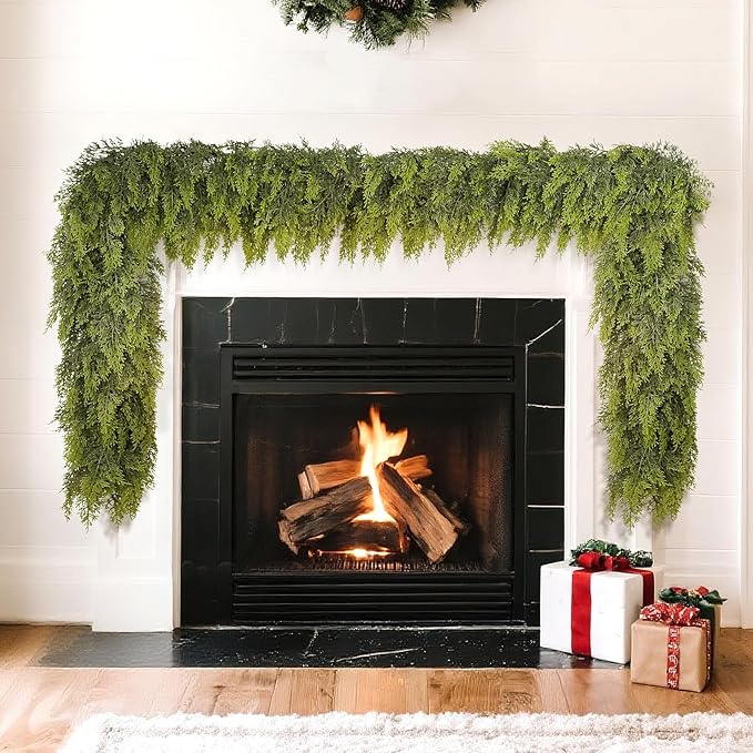 16FT Real Touch Cedar Garland for Fireplace - Artificial Christmas Garlands Realistic Faux Greenery Fake Pine Needles Garland for Holiday,Table, Window,Mantel,Stairs, Home,Indoor Outdoor Decor (1PCS)