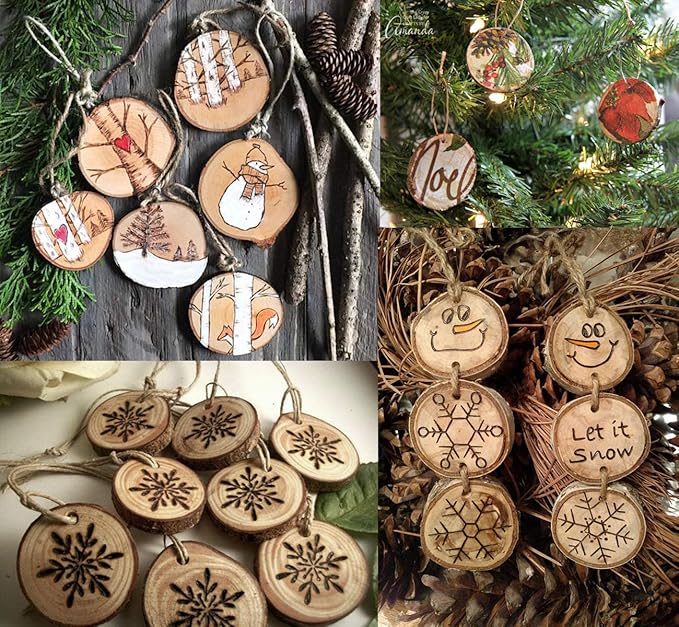 50Pcs Wood Slices 2.4"-2.8" Unfinished Wood Rounds with Pre-drilled Hole and 66Feet Twine String, Natural Wood for Crafts for Home Decor Painting DIY Christmas Ornaments Party Wedding Decor