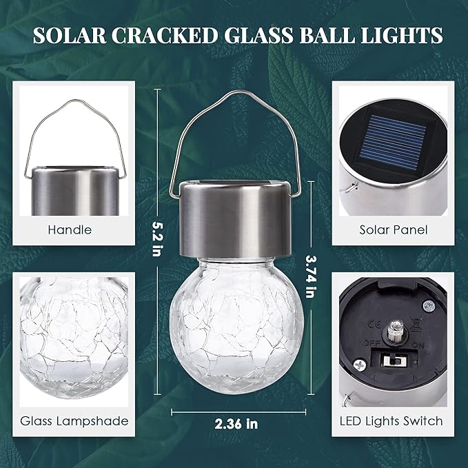 SOLPEX Hanging Solar Lights Outdoor, 8 Pack Decorative Cracked Glass Ball Light, Solar Powered Waterproof Globe Lighting, Hanging Globe Solar Lights for Garden, Yard, Patio, Lawn, Flower Bed