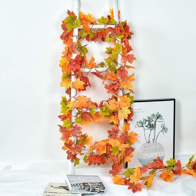 2 Pack Fall Maple Leaf Garland Artificial Maple Garland, Autumn Hanging Fall Leave Vines for Indoor Outdoor Wedding Thanksgiving Dinner Party Decor