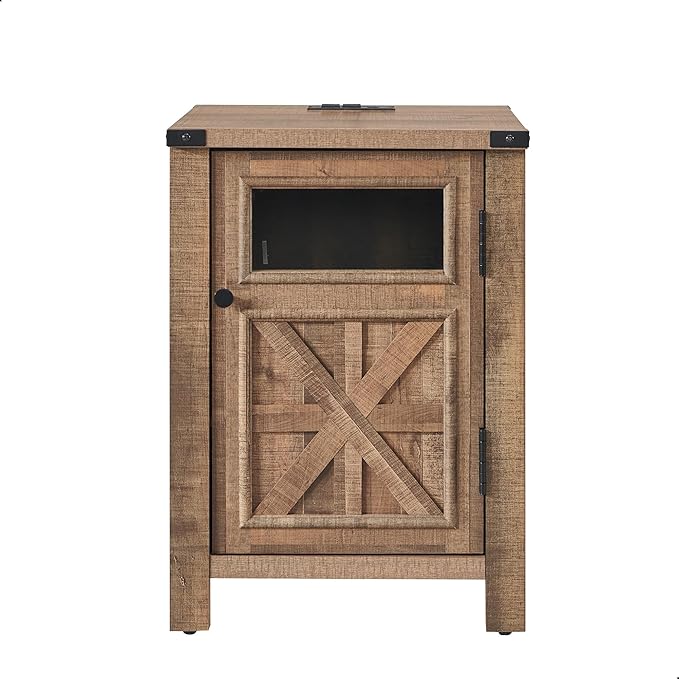 JXQTLINGMU Farmhouse End Table with Charging Station, 18'' Rustic Nightstand with Barn Door & Adjustable Shelf, Wooden Sofa Side Table with 3-Tier Storage for Living Room, Bedroom, Warm Brown