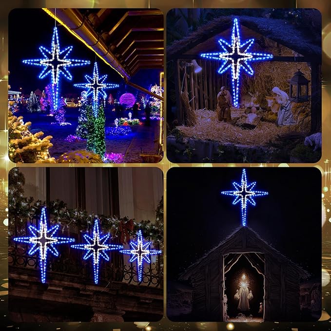 28" Christmas Star of Bethlehem LED Star Hanging Lights Nativity Holy Family Light for Door Window Porch Wall Decoration Plug Operated Lighted Hanging Tree Topper(Blue, White)