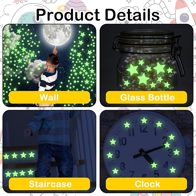 477PCS Glow in The Dark Stars Stickers, Adhesive Glowing Stars Wall Stickers Removable Ceiling Star Wall Decals Space Themed Room Decor Ceiling Star for Bedding Room Decorations