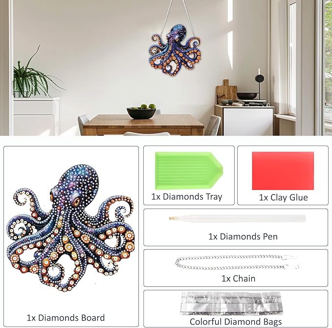 SENQAO Octopus Diamond Art Hanging Kit for Adult, Special Shaped Rhinestone, Double Sided DIY Acrylic Diamond Art Painting Window Pendants Home Garden Wall Hanging Kits Hanging Ornament