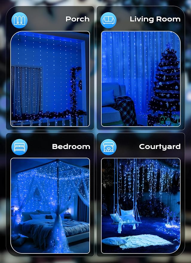 Brightown 300 LED Fairy Curtain Lights, 9.8ft x 9.8ft Curtain String Lights, USB Plug in 8 Lighting Modes LED Christmas String Hanging Lights with Remote for Bedroom Indoor Outdoor Weddings Party Xmas